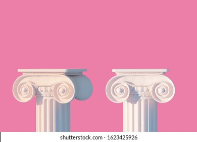 White Ancient Column Pedestal Isolated Pink Museum Piece Background, Greek Pillar Platform, 3d Rendering