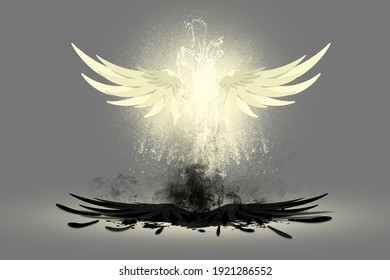 White Angle Wings Glowing In Air Above Defeated Black Demon Wings, 3d Illustration 