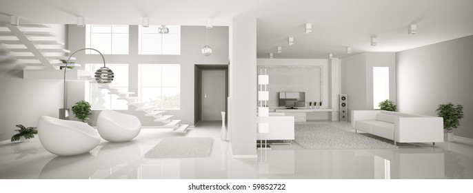 White apartment interior panorama 3d render