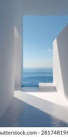 White architectural space opens to ocean view
