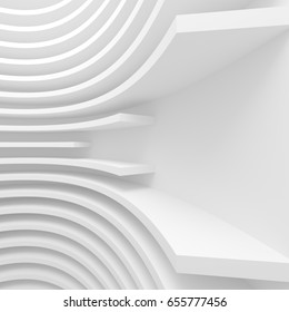 White Architecture Circular Background. Abstract Building Design. 3d Modern Architecture Render. Futuristic Building Construction
