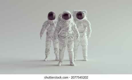 White Astronaut Cosmonaut with Black Visor Helmet Group of Three Spaceman Spacewoman Technology 3d illustration render