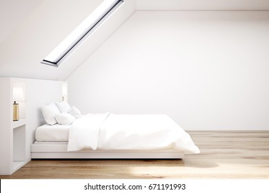 White attic bedroom with a wooden floor, a narrow window, a white bed with bedside tables. Side view. 3d rendering mock up