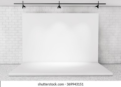 White Backdrop Stage in Room with Brick Wall extreme closeup