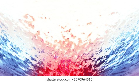 White background abstract texture with hot red and cool blue mottled textures bursting up.