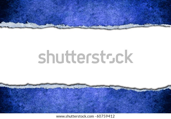 A white\
background with a blue card\
ripped