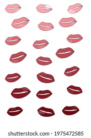 White background  The lips are located symmetrically  From light pink to dark scarlet 