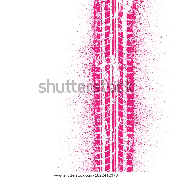 White background with pink tire track silhouette\
and ink blots
