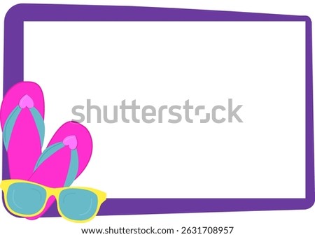 White background with a purple frame, featuring blue flip-flops and sunglasses in the corner. Fresh and summery vector design, perfect for vacation, beach themes, and creative projects.