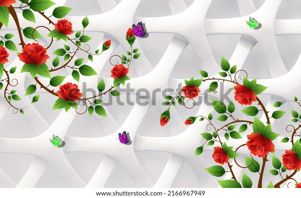 white background and red rose with colorful butterfly design 