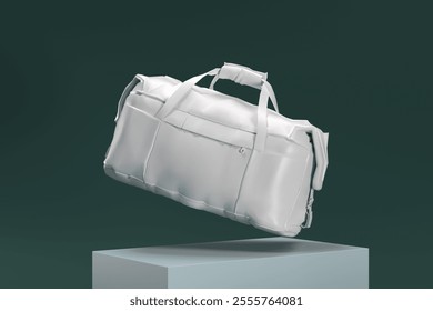 A white bag is shown in a 3D rendering, with a green background. The bag is suspended in mid-air, giving it a sense of weightlessness and elegance. The rendering style suggests a modern