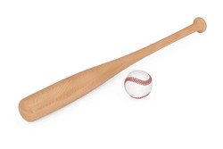 White Baseball Ball And Wooden Bat On A White Background. 3d Rendering 