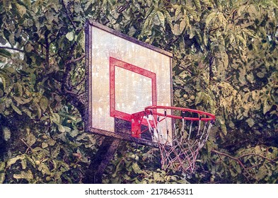 White Basketball Shield With Red Ring In Backyard. Home Yard With Basketball Court. Local Basketball Shooting Target Is Made From Wooden Board. Digital Watercolor Painting. Modern Art