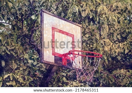 White Basketball Shield with red ring in backyard. Home yard with basketball court. Local Basketball shooting target is made from wooden board. Digital watercolor painting. Modern Art