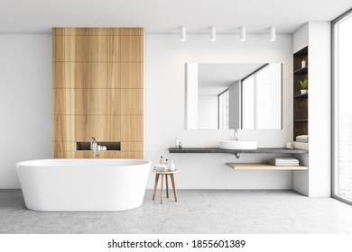 White Bathroom With Bathtub And Mirror With Sink Near Big Window. White And Wooden Design Of Minimalist Modern Bathroom In Open Space, 3D Rendering No People