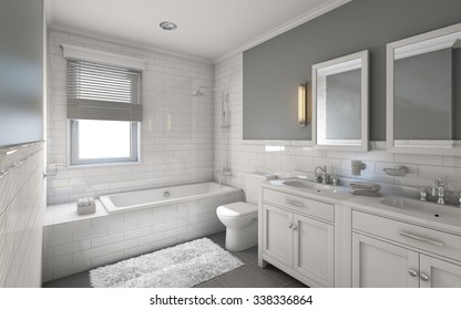 White Bathroom in Country House 3d Rendering