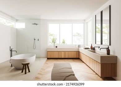 White Bathroom Interior With Bathtub On Hardwood Floor. Double Sink With Mirror, Shower And Deck With Accessories, Panoramic Window On Tropics. 3D Rendering