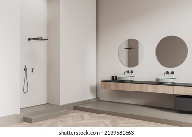 White Bathroom Interior With Double Sink And Mirror, Side View, Shower On Podium. Washing Room Corner On Hardwood Floor, Wooden Dresser. Mockup Blank Wall, 3D Rendering