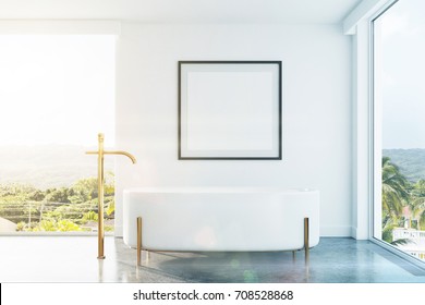 White bathroom interior with panoramic windows, a tropical view, an originally shaped bathtub and a framed square poster on a wall. 3d rendering mock up toned image