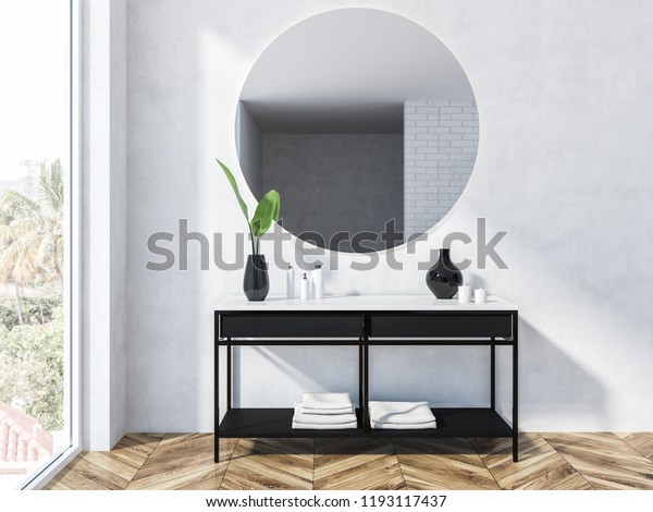 White Bathroom Interior Round Mirror Above Stock Illustration