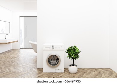 White Bathroom Interior With A Washing Machine, Wooden Floor, A Tree In A Pot, A Sink And A Tub. Panoramic Window. 3d Rendering Mock Up