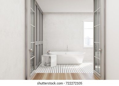 White bathroom interior with a white wooden floor, a window, a glass door and a white tub. 3d rendering mock up