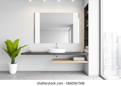 White Bathroom, Sink And Big Mirror With Shelves. Open Space Bathroom With Grey Floor And Plant. Big Window With View On Skyscrapers, 3D Rendering No People