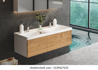 White Bathroom Sink Standing On A Wooden Bathroom Furniture. A Square Mirror Hanging On A Concrete Wall. A Close Up. Side View. 3d Rendering
