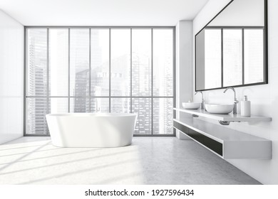 White Bathroom With Two Washbasins And White Bathtub Near Large Mirror. Minimalist Design Of Modern Bathroom With Marble Floor, 3D Rendering No People