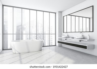 White Bathroom With Two Washbasins And White Bathtub Near Large Mirror, Side View. Minimalist Design Of Modern Bathroom With Marble Floor, 3D Rendering No People