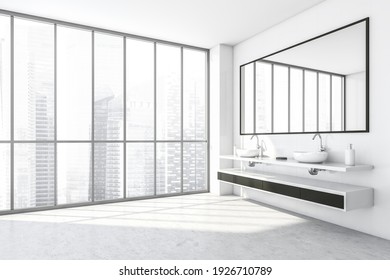 White Bathroom With Two Washbasins And Black Drawers, Side View, Large Mirror. Minimalist Design Of Modern Bathroom With Marble Floor, 3D Rendering No People