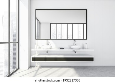 White Bathroom With Two Washbasins And Black Drawers, Front View, Large Mirror. Minimalist Design Of Modern Bathroom With Marble Floor, 3D Rendering No People