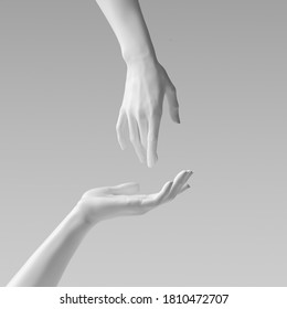 White beautiful woman's hand sculpture isolated on yellow background. Palm up showing and presenting female art creative concept banner, mannequin arm 3d rendering