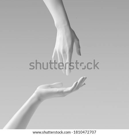 White beautiful woman's hand sculpture isolated on yellow background. Palm up showing and presenting female art creative concept banner, mannequin arm 3d rendering Stockfoto © 