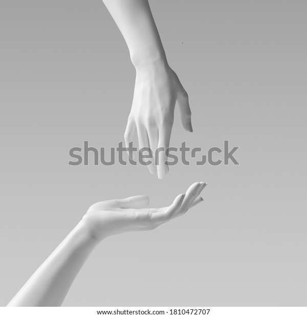 White beautiful woman\'s hand\
sculpture isolated on yellow background. Palm up showing and\
presenting female art creative concept banner, mannequin arm 3d\
rendering