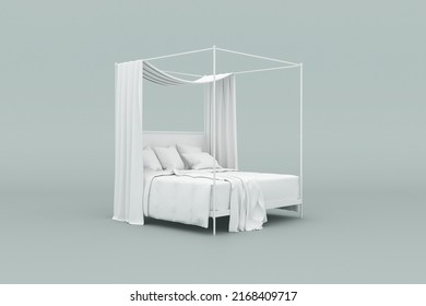 White Bed Mockup, Grey Background, 3D Rendering.