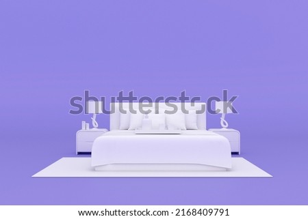 White bed mockup on solid purple background, 3D rendering.