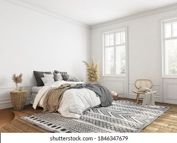 White Bedroom With Decor, Classic Scandinavian Style. 3d Render Illustration Mockup.