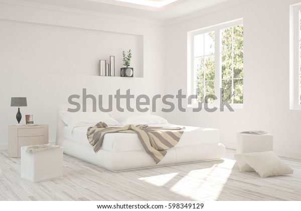 白い寝室と緑の背景 北欧のインテリアデザイン 3dイラスト のイラスト素材 598349129