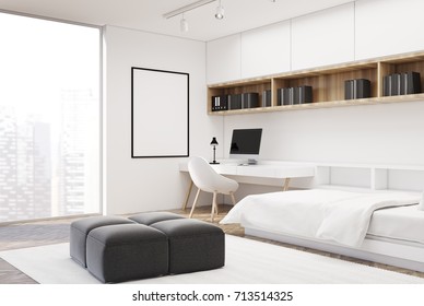 White Bedroom Interior With A Concrete Floor, A Single Bed And A Computer Table With Bookshelves Above It. A Poster. 3d Rendering Mock Up