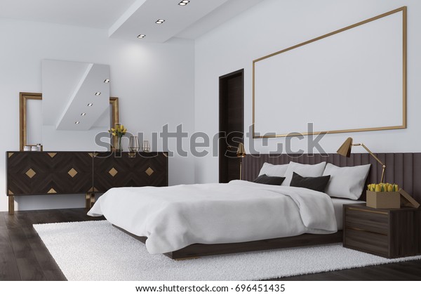 White Bedroom Interior Dark Wooden Floor Stock Illustration