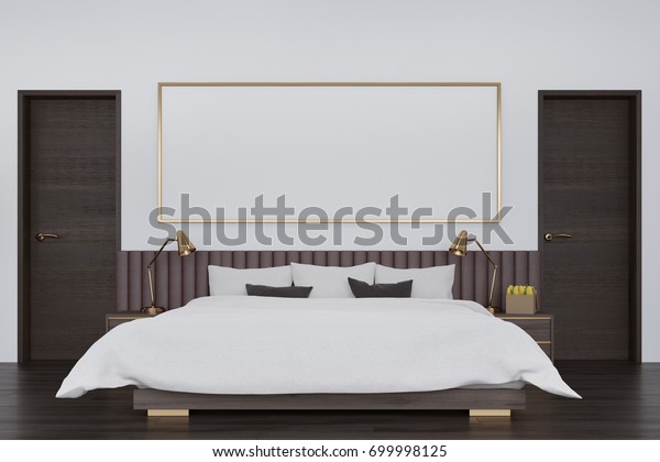 White Bedroom Interior Dark Wooden Floor Stock Illustration