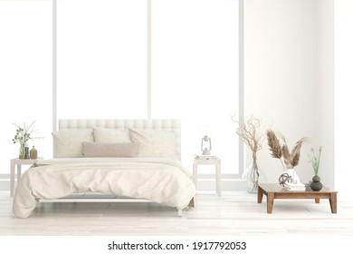 White Bedroom Interior. Scandinavian Design. 3D Illustration