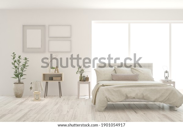White bedroom interior. Scandinavian design.\
3D illustration