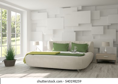 White Bedroom Interior With Sofa And Green Landscape In Window. Scandinavian Home Design. 3D Illustration