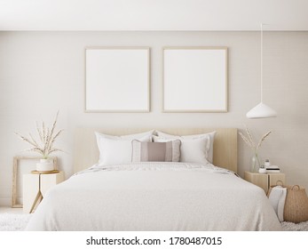 White Bedroom Interior.Earth Tones Design.3d Rendering