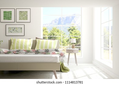 White Bedroom With Summer Landscape In Window. Scandinavian Interior Design. 3D Illustration