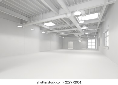 White Big Clean Empty Industrial Hall As Warehouse Or Office Space (3D Rendering)