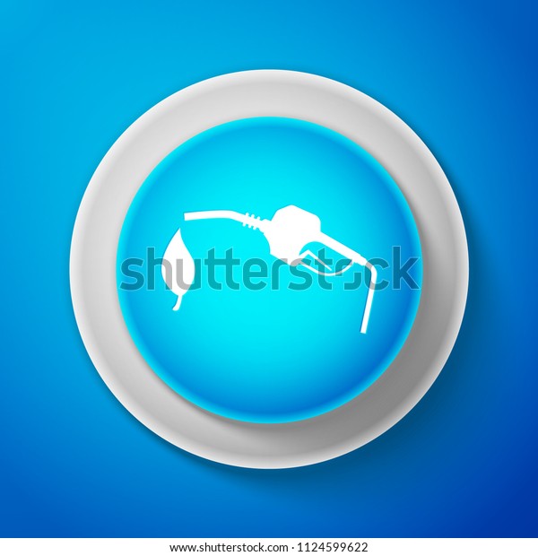 White Bio fuel concept with\
fueling nozzle and leaf icon isolated on blue background. Natural\
energy concept. Gas station gun sign. Circle blue button with white\
line