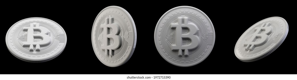 White Bitcoin 3d model different angles. Isolated on black background.